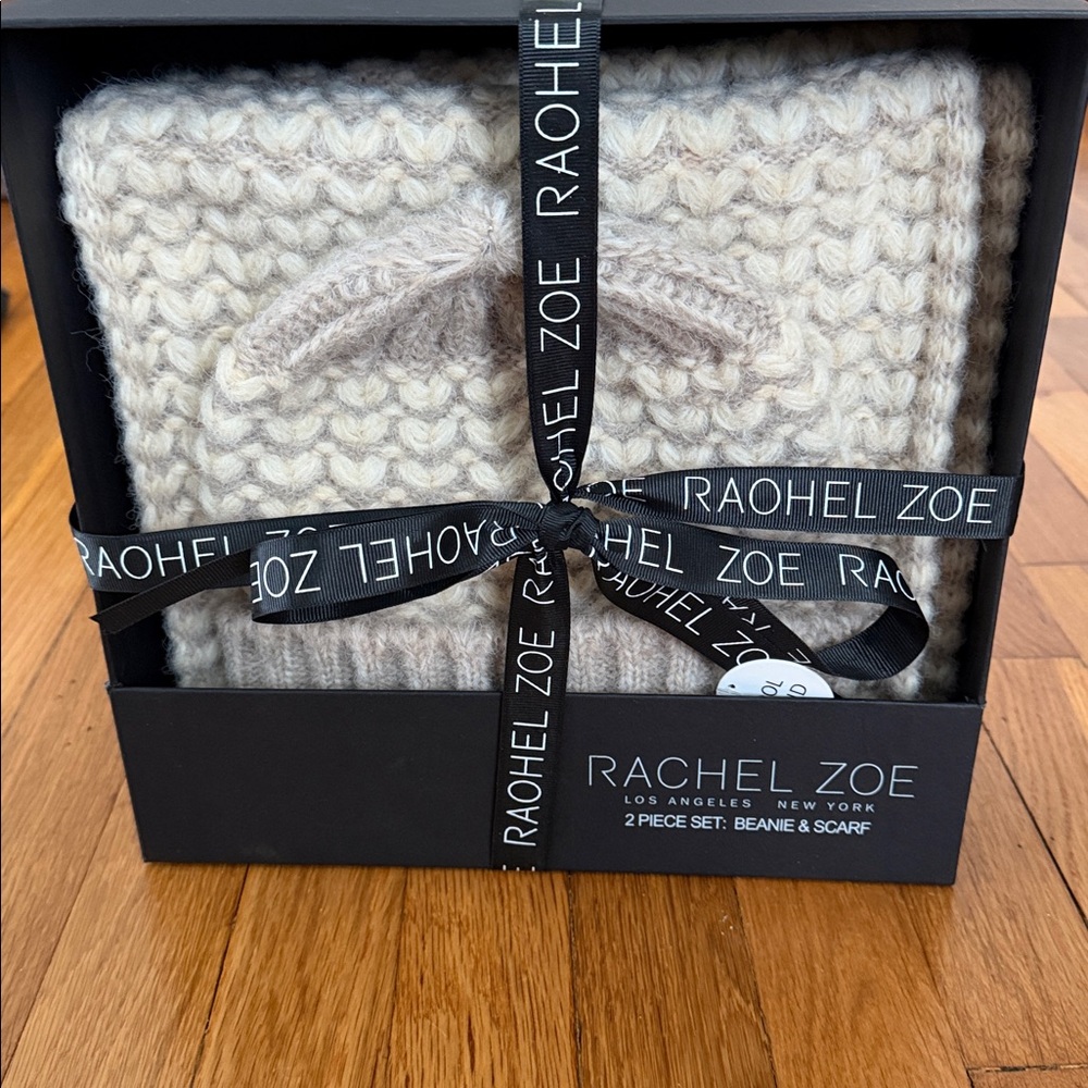 Rachel Zoe Ivory Knit Beanie and Scarf Set